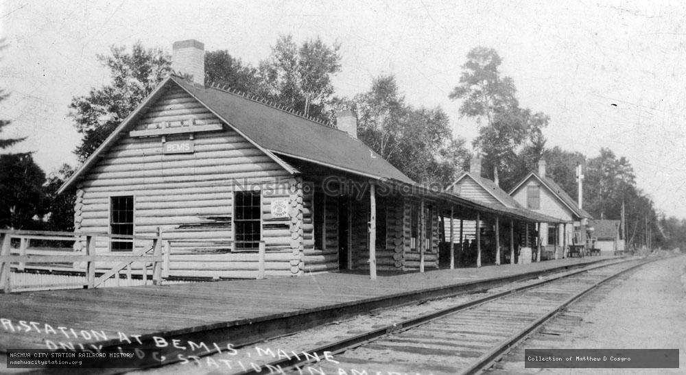 Postcard: Railroad Station at Bemis, Maine.  Only Log Station in America